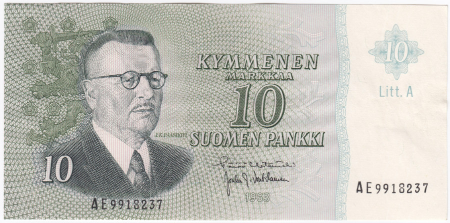 10 Markkaa 1963 Litt.A AE9918237 kl.8-9